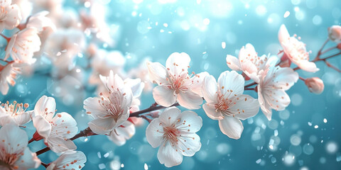 Beautiful cherry blossom flowers with water droplets on a vibrant blue background, high definition wallpaper