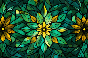Mandala Art can be used for artwork decoration pattern with foliage on a dark background in green and yellow Seamless Colorful Tropical Leaves Pattern. Seamless pattern of Tropical Leave Generative Ai