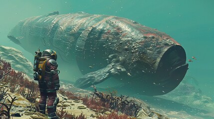 A space explorer stands before ancient aquatic titans, where two epochs collide beneath the sea