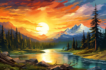 Abstract outdoor natural background, beautiful landscape colorful painting landscape of mountains...