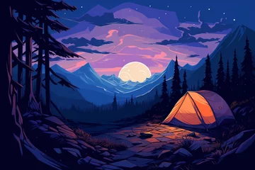 Fotobehang Campfire and tent as camping vacation illustration in Blacklight flat style illustration of Camping Evening Scene. Tent, Campfire, Pine forest and rocky mountains background, starry nigh Generative Ai © AbdullahAl
