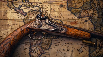 A vintage flintlock pistol lies on an ancient map, evoking tales of piracy and adventure, ready for a historical thriller book cover