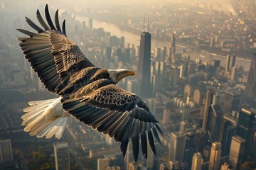 An eagle circling above a cityscape, embodying vision and leadership in corporate strategy - obrazy, fototapety, plakaty