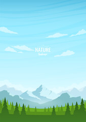 Vertical poster of a mountain landscape. Green valley with trees and mountains. Blue sky with clouds. Summer sunny day. The concept of tourism, hiking, recreation in nature. Vector image.