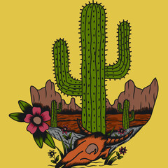 line art vector bull head with cactus