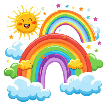 Colored rainbows with clouds and sun. Cartoon illustration isolated on white background