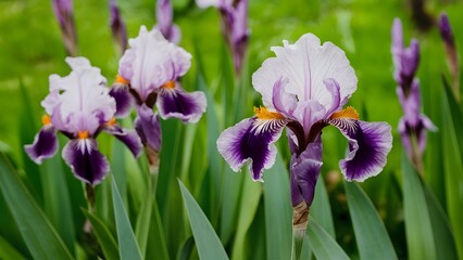 Garden background containing green violet, beautiful bearded iris flower