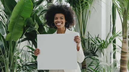 Mulher afro sorrindo vestindo terno branco segurando um cartaz em branco em um ambiente cheio de plantas tropicais - obrazy, fototapety, plakaty