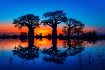 Fototapeta na wymiar Stunning Vivid Sunset Silhouette of African Baobab Trees by the Water with Reflection. Idyllic Nature Scene. Generative AI