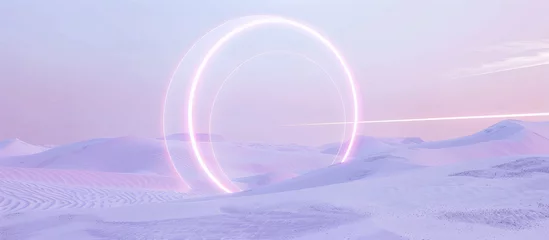 Foto op Canvas A round frame made of white neon light floats in the center, surrounded by pink and purple gradient snow dunes. The circular glass window is filled with fluorescent blue sky, creating an ethereal atmo © Olya Fedorova