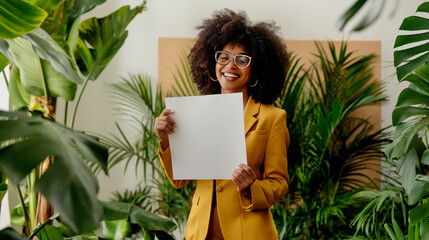 Mulher afro sorrindo vestindo terno dourado segurando um cartaz em branco em um ambiente cheio de plantas tropicais   - obrazy, fototapety, plakaty