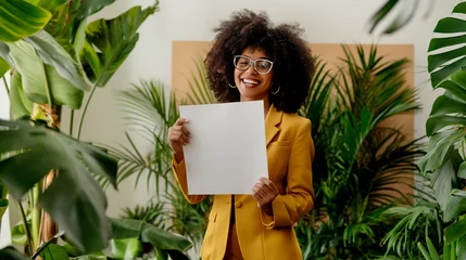 Fotobehang Mulher afro sorrindo vestindo terno dourado segurando um cartaz em branco em um ambiente cheio de plantas tropicais   © Vitor