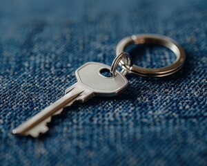 Closeup of a silver key to a house on a blue canvas, keychain ready for customization, reflecting real estate dreams
