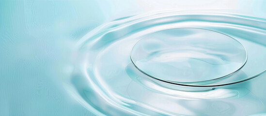Minimalist background with a circular glass frame floating on the surface of smooth, flowing water in shades of blue and white. The composition is simple yet elegant, featuring soft lighting to highli