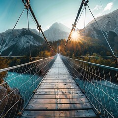 Crossing the bridge when facing business challenges symbolizing the act of overcoming obstacles and moving forward - obrazy, fototapety, plakaty