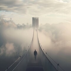 Crossing the bridge when facing business challenges symbolizing the act of overcoming obstacles and moving forward - obrazy, fototapety, plakaty