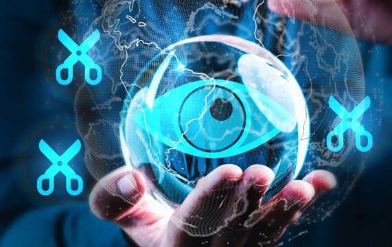 A man is holding a glass ball with a picture of eye organs on it. The image is surrounded by blue scissors, which symbolize cutting eye sugery or removing something.