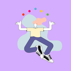 A snooker player juggling snooker balls hand, on a light purple background.