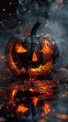 Eerie ember, soaked Halloween pumpkin, perfect for a spooky event flyer - obrazy, fototapety, plakaty