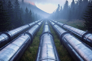 Vast Network of Steel Pipelines Weaving Through a Fog-Enshrouded Forest