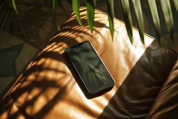 Mobile phone lying on the edge of a leather beige sofa or armchair with elements of green leaves and beautiful bright sunlight from the window
