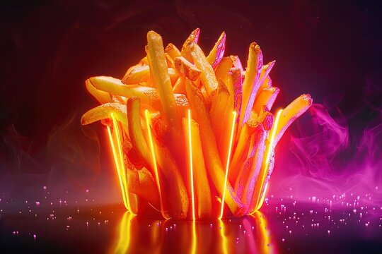 French fries emitting a neon glow, with a perfect golden crisp, salted just right