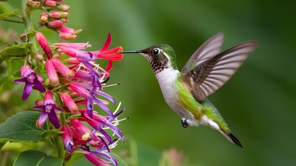 Graceful hummingbird enjoys nectar from a butterfly bush