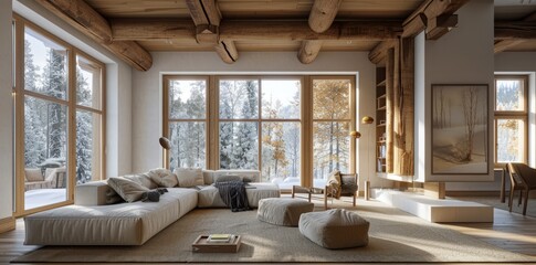 Living room interior in beautiful new luxury home, bright modern minimalist style, with replica space. - obrazy, fototapety, plakaty