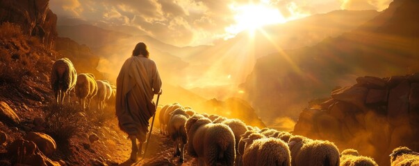 Jesus walking alongside a flock of sheep with the sun shining overhead