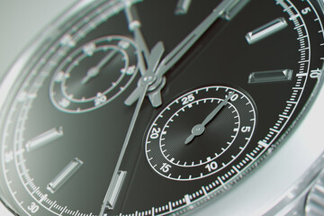 Exquisite Detail of a Luxury Chronograph Watch Black Dial and Silver Accents