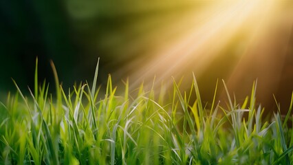 Grass background with sunbeam, soft focus abstract nature background
