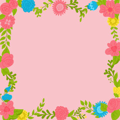 Spring abstract floral square banner template on pink color. Frame template or design print with hand drawn stylized flowers. Good for banner, background, social media graphics