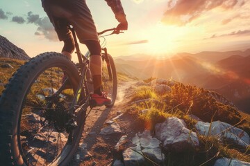 Mountain biker tackling rugged trail, alpine backdrop at sunset, adventure calls