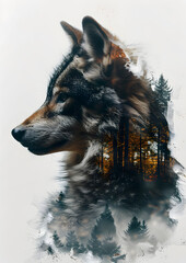 Double Exposure Wolf in Forest
