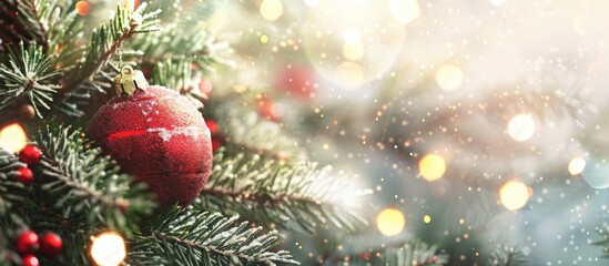 Fototapeta na wymiar Background with Christmas and New Year's Eve theme featuring a wide-angle view, showcasing a red ball on a fir tree with shimmering highlights.