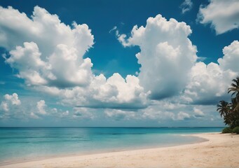 Fototapeta premium Beautiful tropical beach with blue sky and white clouds abstract texture background. Copy space of summer vacation and holiday business travel concept. Vintage tone filter effect color style.