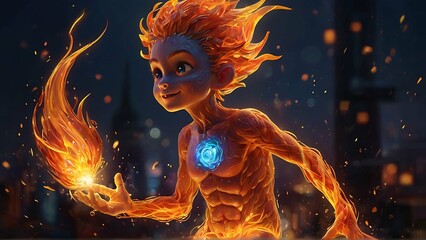 In a bustling cityscape, a mischievously flamboyant Fire Sprite dances with abandon, clad in shimmering embers that flicker like tiny flames. This imaginative character concept would be best suited fo - obrazy, fototapety, plakaty