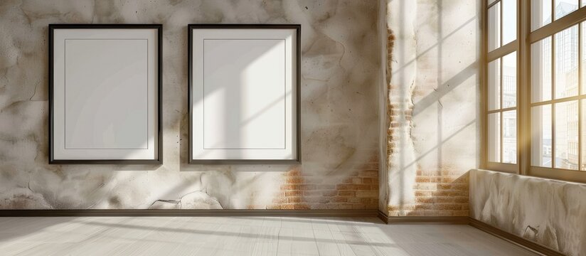Two empty square picture frames displayed on a wall as part of interior design, with placeholders for artwork.