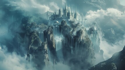 A crystalline castle perched atop a misty mountain peak, surrounded by cascading waterfalls and guarded by mythical griffins with shimmering plumage - obrazy, fototapety, plakaty