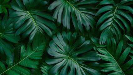 Green tropical leaves backdrop featuring monstera, palm, fern