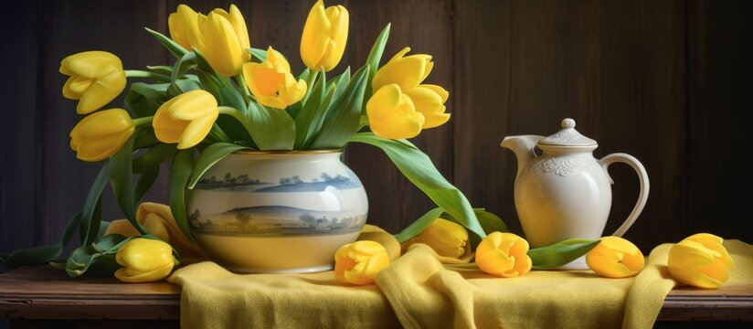A beautiful flower arrangement of yellow tulips in a flowerpot sitting on a table, enhancing the decor with its vibrant petals