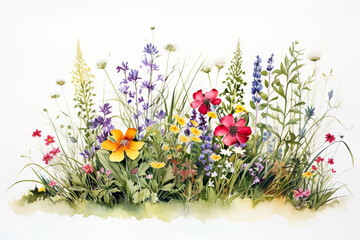 line of grass with wild flowers in watercolor design generative ai - 767176206