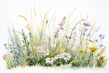 line of grass with wild flowers in watercolor design generative ai - 767176214