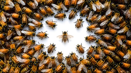 Group of honeybees on white background, isolated golden honeybees