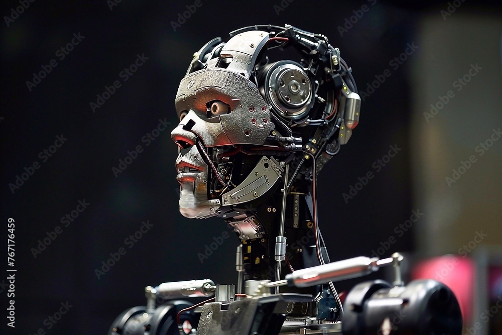 Poster a model of a robot with a steel skeleton standing in a factory