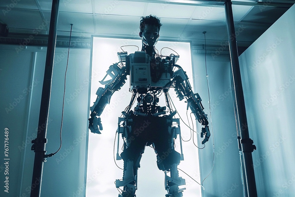Poster silhouette of a robot in the laboratory. future technology concept.