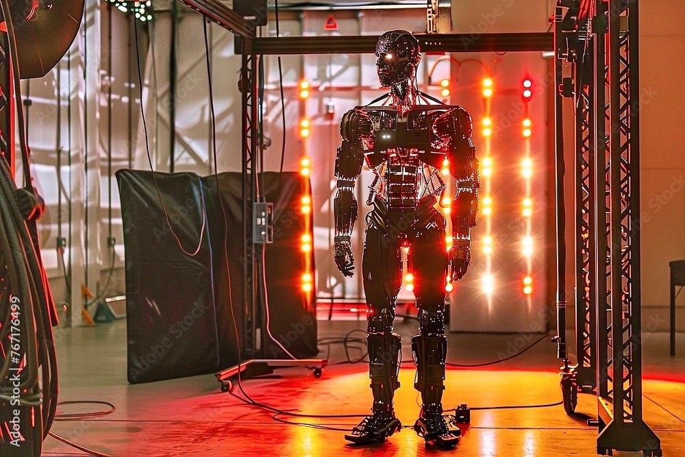 Poster artificial intelligence robot on display at the exhibition of modern technologies.