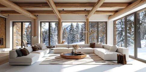 Living room interior in beautiful new luxury home, bright modern minimalist style, with replica space.