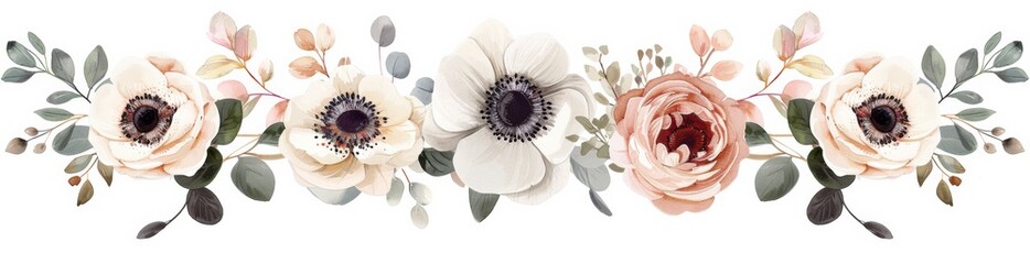 Set of wedding flower arrangements with dusty pink roses, white anemones and eucalyptus leaves isolated on white background cutout, concept art, pastel colors, white flowers. - obrazy, fototapety, plakaty