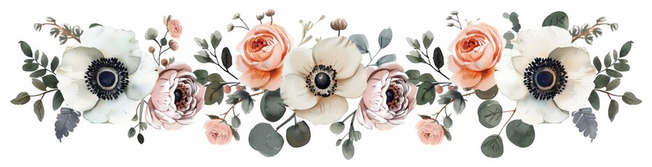 Set of wedding flower arrangements with dusty pink roses, white anemones and eucalyptus leaves isolated on white background cutout, concept art, pastel colors, white flowers. - obrazy, fototapety, plakaty